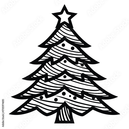 Stylized Christmas Tree Illustration Wavy Lines and a Star Festive Holiday Season Celebrations and Decorations Creative Design Isolated