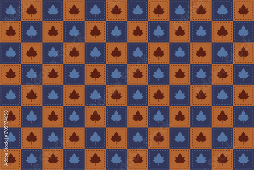 Seamless autumn square pattern with maple leaves inside blue and brown grid. Perfect for fall crafts, textiles, and seasonal digital design.