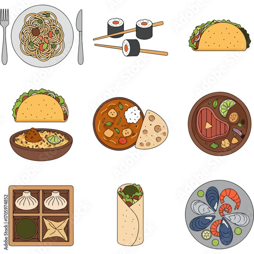 A diverse and colorful vector illustration set of various international food items including pasta sushi tacos curry and burritos perfect for restaurant menus food blogs or culinary-themed graphic des