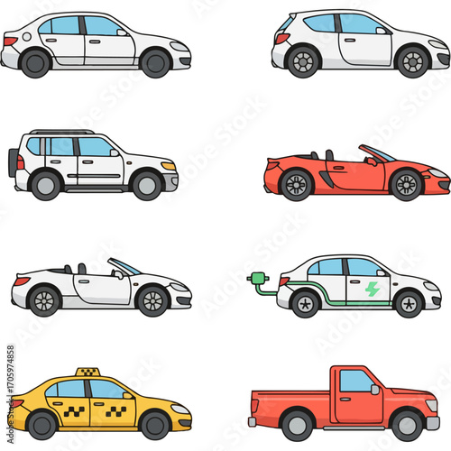 A detailed vector illustration set showcasing various modern cars and vehicles from different angles including a sedan an SUV a sporty convertible a taxi an electric car and a pickup truck ideal for a