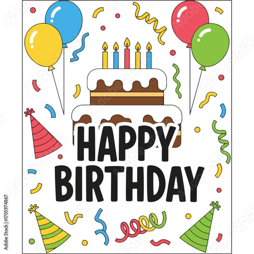 A delightful cartoon vector illustration featuring a huge birthday cake with candles on top balloons and confetti streamers against a clean background perfect for a vibrant and cheerful greeting card 