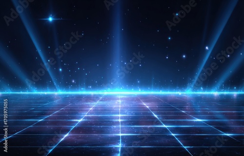 Futuristic abstract grid with blue beams and a starry background, creating a sense of depth and technological advancement