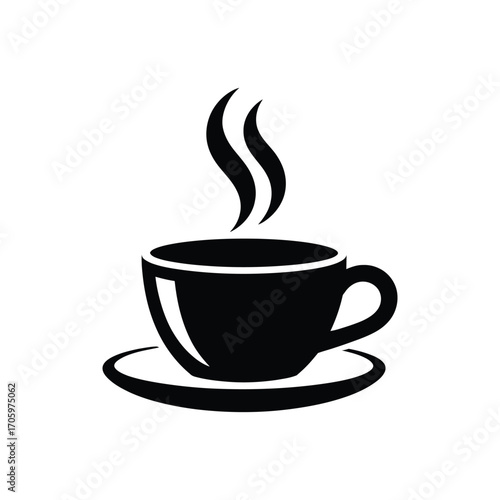 Steaming hot coffee cup icon with saucer