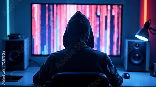 A hooded figure sits at a desk in a dimly lit room, focused on a screen displaying digital code