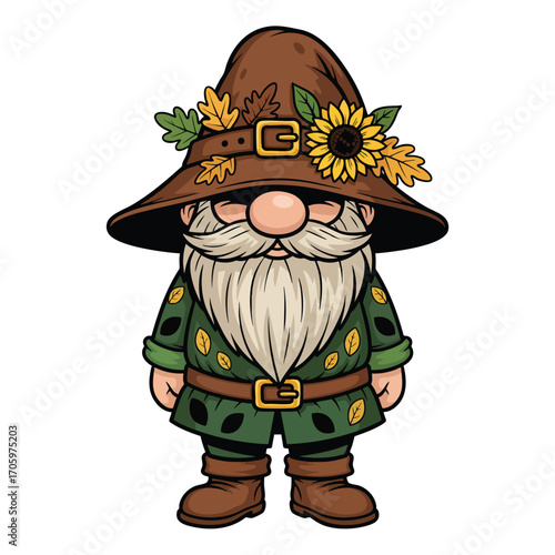A charming cartoon gnome dressed for autumn with a sunflower and leaves on its brown hat.