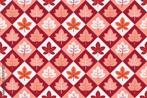 Seamless autumn plaid with red, pink, white squares and maple leaves in warm tones. Perfect for seasonal crafts, textiles, and design.