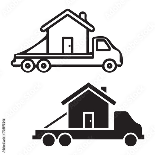 House on a flatbed truck icon for moving or transport