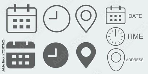 Time, date and address yellow line ,flat icons set. Event calendar reminder clock business schedule sign, location pin symbol, place pointer time map element vector isolated on transparent background.