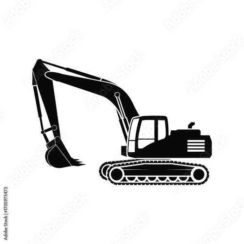 Black silhouette of an excavator on white background