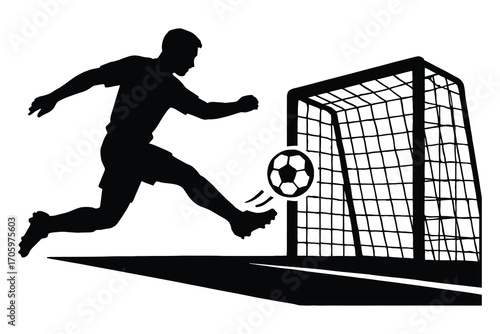 Silhouette of a soccer player kicking a ball towards a goal football