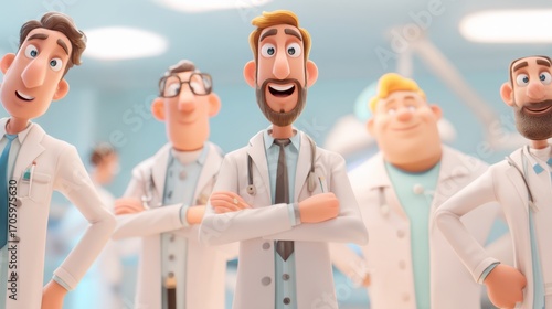Healthcare professionals teamwork in a modern clinic cartoon style friendly environment engaging viewpoint