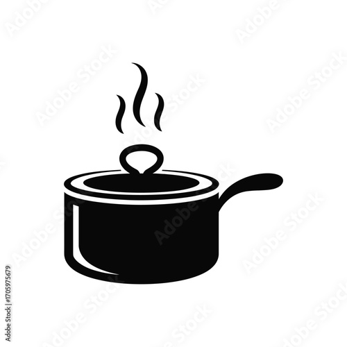 Black silhouette of a steaming cooking pot with a handle