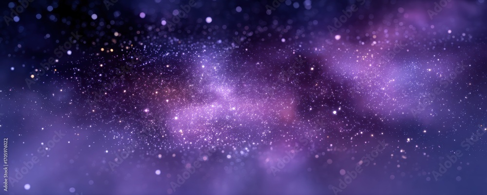 Obraz premium A vibrant, abstract space scene with swirling purple and blue hues, dotted with sparkling gold and white stardust. Evokes cosmic wonder and serenity