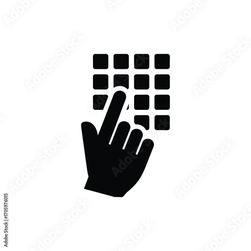 Hand pressing a button on a grid keypad interface