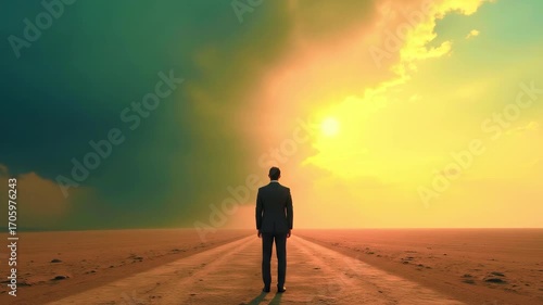 A businessman stands alone on a deserted road at sunset, contemplating future possibilities