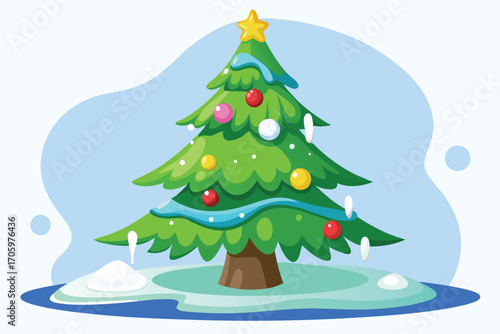 Festive Christmas Tree with Decorations and Snow A Cartoon Illustration of Winter Holiday Cheer and Celebration