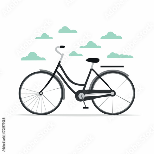 A stylized illustration of a black bicycle with light blue clouds in a minimalist design.