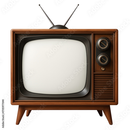 Vintage wooden television set with white screen isolated on transparent background