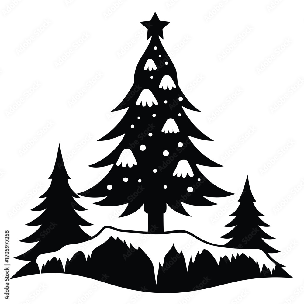 Obraz premium Winter Holiday Scene with Decorated Christmas Tree and Snowy Landscape Silhouette Vector Graphic for Festive Designs and Celebrations