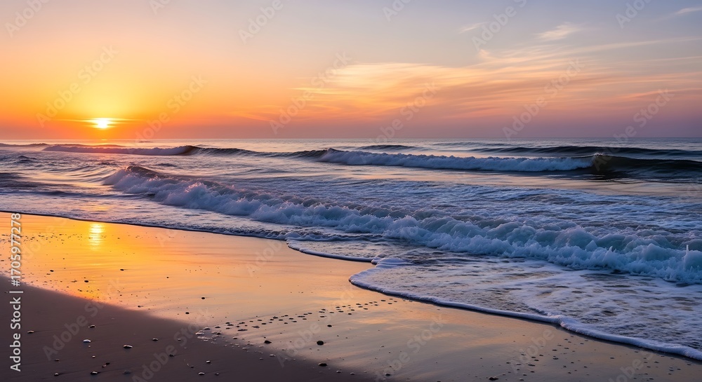 Fototapeta premium Sunrise over the ocean beach waves.
