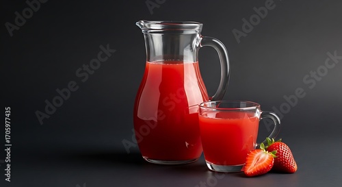 Wallpaper Mural Fresh strawberry juice in a glass pitcher and cup on dark background Torontodigital.ca