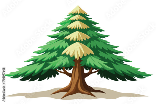 Whimsical Evergreen A Cartoonish Depiction of a Coniferous Tree with Light Yellow Patches against a White Backdrop and Neutral Ground