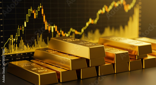 ​A powerful visual of gold bullion in front of an upward-trending financial graph, signifying a profitable investment.
