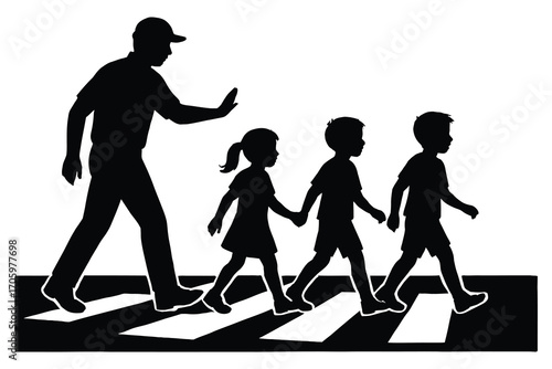 Silhouette of adult and children crossing a street on a zebra crossing girl