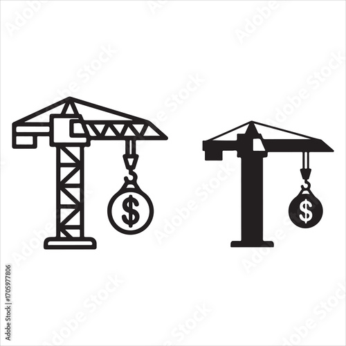 Construction crane lifting a money bag with dollar sign symbol