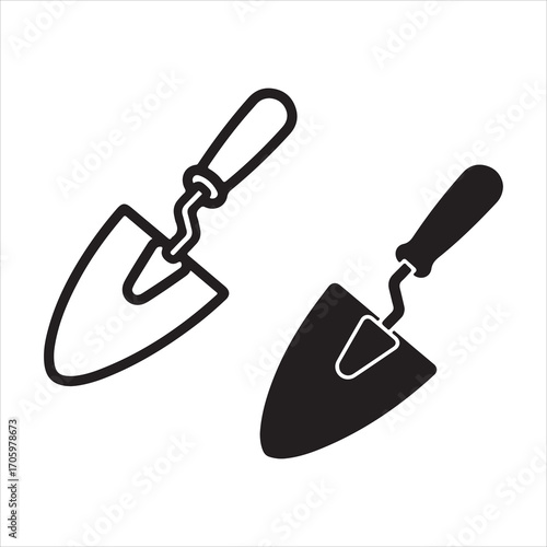 Simple outline and silhouette of a garden trowel icon