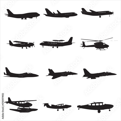 Collection of silhouette aircraft and helicopter designs on white background