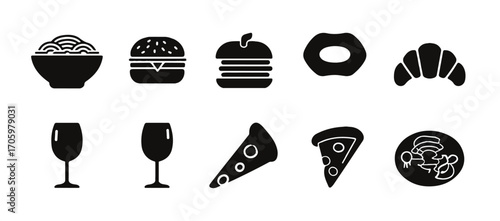A black vector icon set on a white background, featuring icons for fast food such as a burger and pizza slices.  