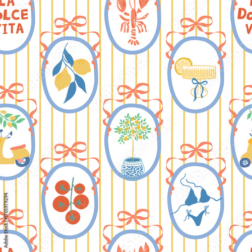 Mediterranean summer seamless pattern. Hand drawn striped Italian dolce vita elements in the round frames decorated bows. Cute lobster, lemons coquette Amalfi background or textile design in vector.