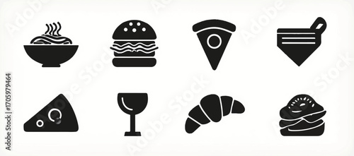 A black vector icon set on a white background, featuring icons for fast food such as a burger and pizza slices.  