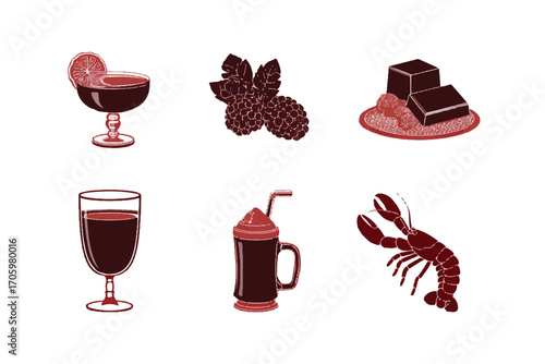 A set of icons for food and drink, including a lobster dinner, blackberry compote jello, a chocolate milk glass, in a monochrome, simple shapes, white background, 