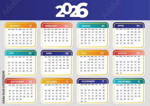 2026 Calendar Monthly Planner with Colorful Design