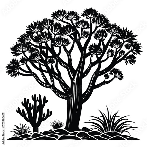 Monochrome Silhouette of a Quiver Tree in a Desert Landscape with Cacti and Dry Grass Adding to the Arid Ambiance