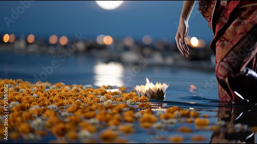 A woman is sitting in the water holding a candle. The water is calm and the moon is shining brightly in the background. The scene has a peaceful and serene atmosphere
