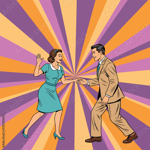 A retro pop art illustration of a stylish 1950s couple joyfully dancing together.