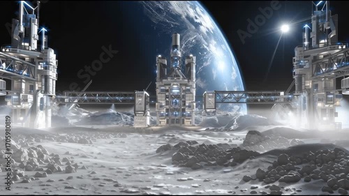 A space station with a planet in the background. The space station is surrounded by rocks and has a blue sky