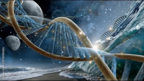A DNA strand is shown in a space filled with stars and planets. Concept of wonder and awe at the complexity and beauty of the universe