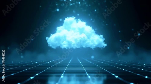 Digital cloud formation hovering over a grid landscape, illuminated by ethereal light effects