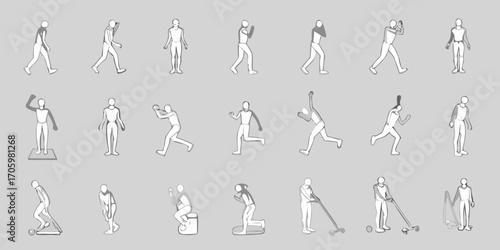 Collection of stylized human figures in various poses and actions for animation and design reference