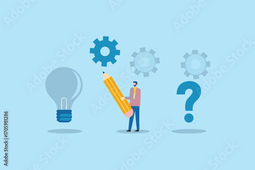 Man with pencil interacting with lightbulb gears and question mark symbolizing idea generation and problem solving