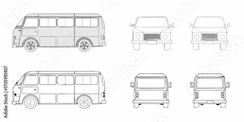 Collection of van and minibus outlines from side front and rear views for design and illustration