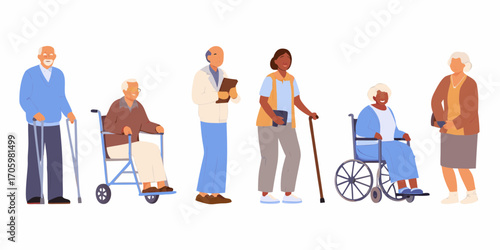 Diverse group of elderly people and caregivers in a flat illustration style