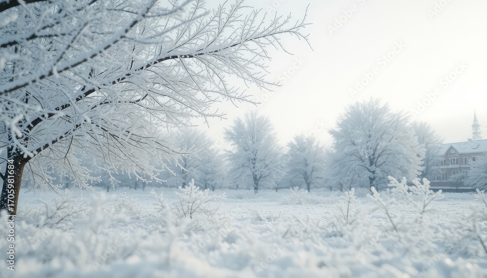 Fototapeta premium Winter's Embrace A serene landscape blanketed in snow with frost-covered trees, evoking a sense of calmness and the stark beauty of the season