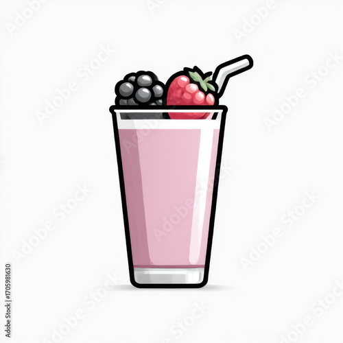  Cartoon berry smoothie in a glass with a straw, pink, black, red, representing healthy refreshment with copy space