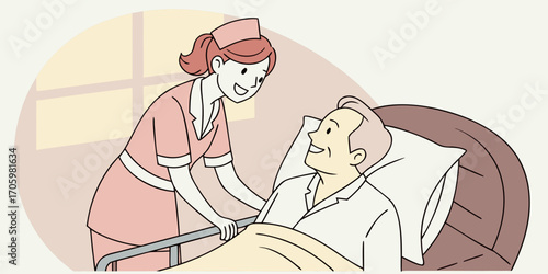 Cheerful nurse helping an elderly man with limited mobility rise from bed.