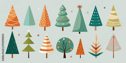 Festive Holiday Cheer Diverse Christmas Trees Graphic Illustration Warm Color Palette Minimalist Christmas Illustration Artistic Holiday Scene